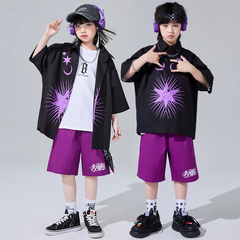Hip Hop Boys Short Sleeved Hexagram Star Shirt Street Dance Cargo Shorts Girls Blouse Child Summer Streetwear Kids Clothes Sets