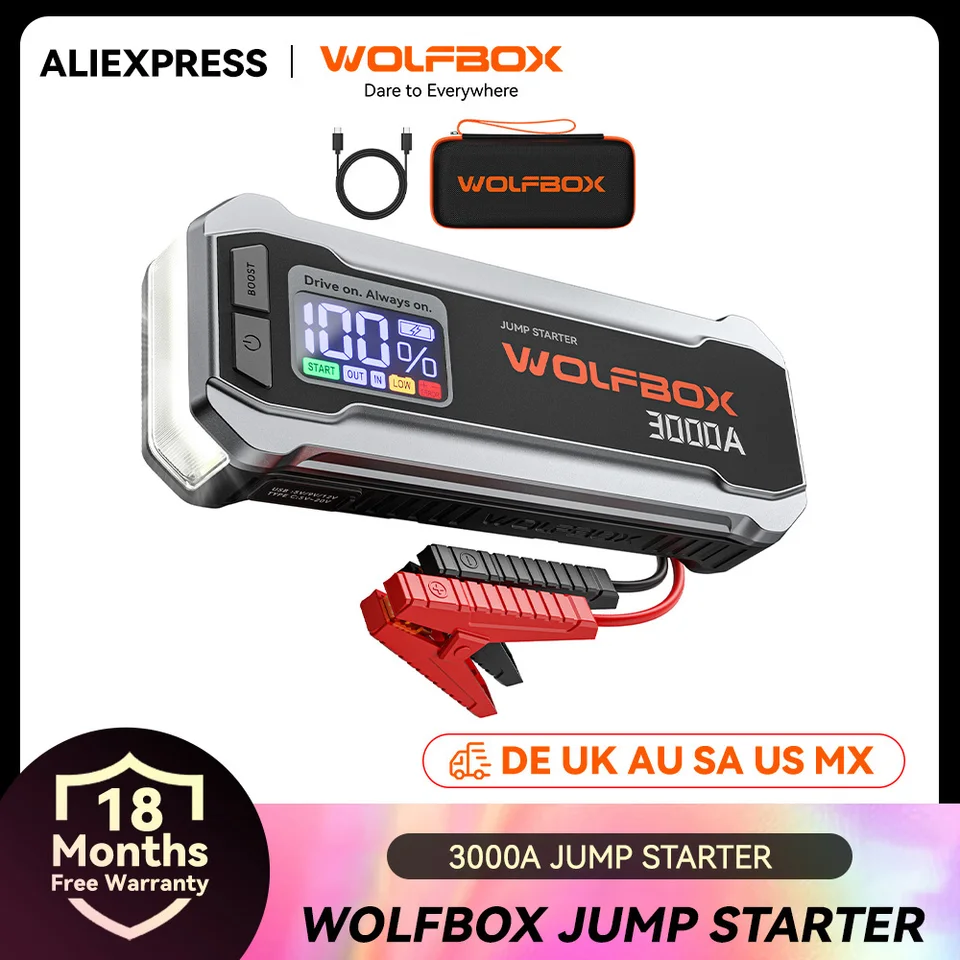 WOLFBOX 3000A Jump Starter,12V Car Battery Jump Starter,65W Quick