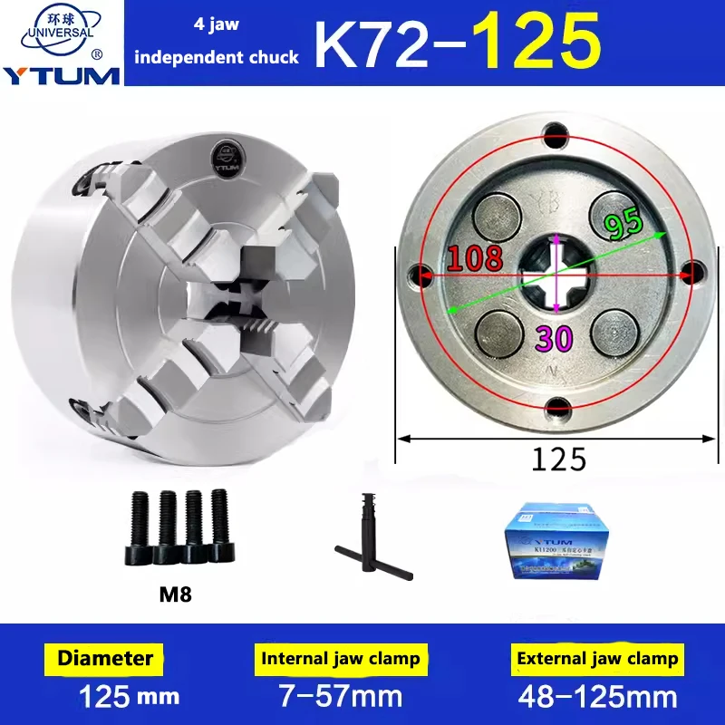 YTUM 브랜드 수동 타입 선반 척, 정밀 스크롤 척, 4 턱 독립 척, K72-125 미니 척, 125mm