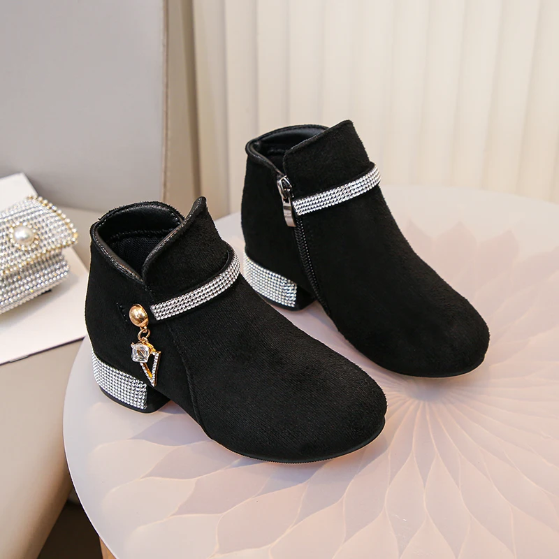 Children's Fashion Boots 3-18 Years Old Black Medium Heel Students Girls High Heels Size 27-36 Fashion Hundred Kids Girls Boots