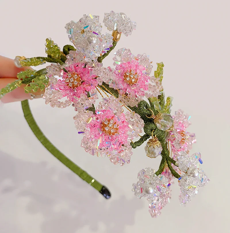 

Chinese Style Crystal Flowers Hair Hoop Headband Handmade Bridal Wedding Headdress Hairbands Sweet Hairpins Hair Accessories
