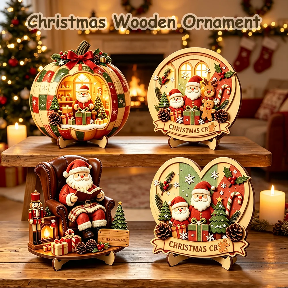 Christmas 2D Wooden Tabletop Decor with Stand Santa Snowman Reindeer Ect. Xmas Holiday Desktop Decor for Home Party