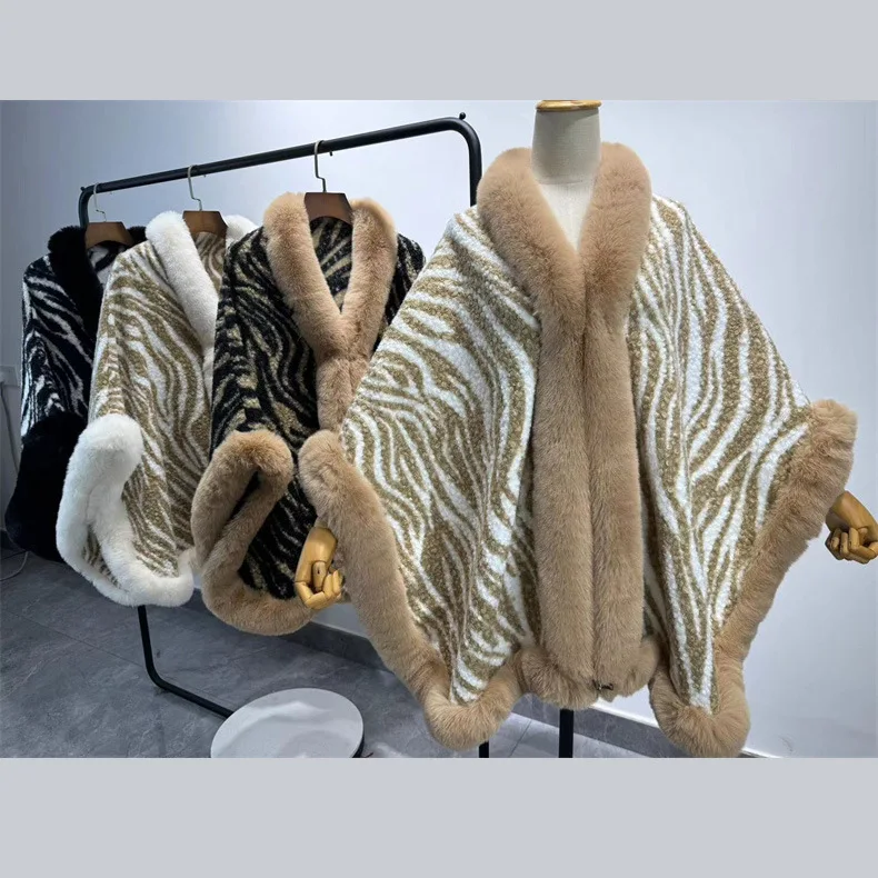 

Thiened осенне-зимнее шило с рисунком зебры, большой размер, плащ с меховым воротником «летучая мышь», шерстяная вязаная шапка с капюшоном