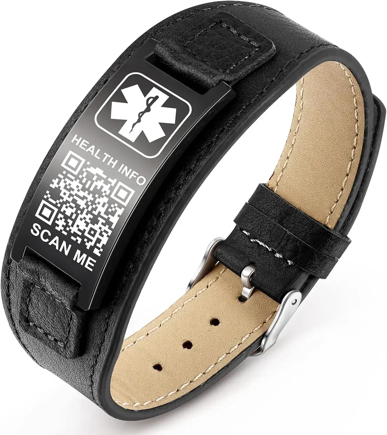 

Leather QR Code Medical Bracelets Men Women Stainless Steel Wristband Custom Emergency ID Information