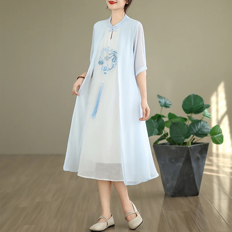 กระโปรงสไตล์จีนใหม่ ปักลายสลิมฟิต ปิดหน้าท้อง ผ้าบางเบา สำหรับผู้หญิง ฤดูร้อน ลายชาติพันธุ์