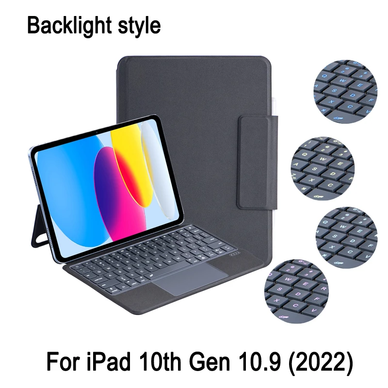 

J3128D Backlight Tablet Keyboard Case For iPad 2022 10th Gen 10.9, PU Leather Protective Cover with Foldable Stand