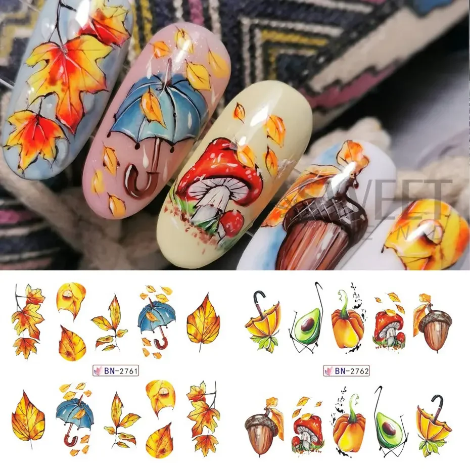 12pcs Autumn Maple Leaf Nail Sticker Pumpkin Fall Nail Decals Mushroom Water Transfer Slider Nail Decoration Foils Accessories