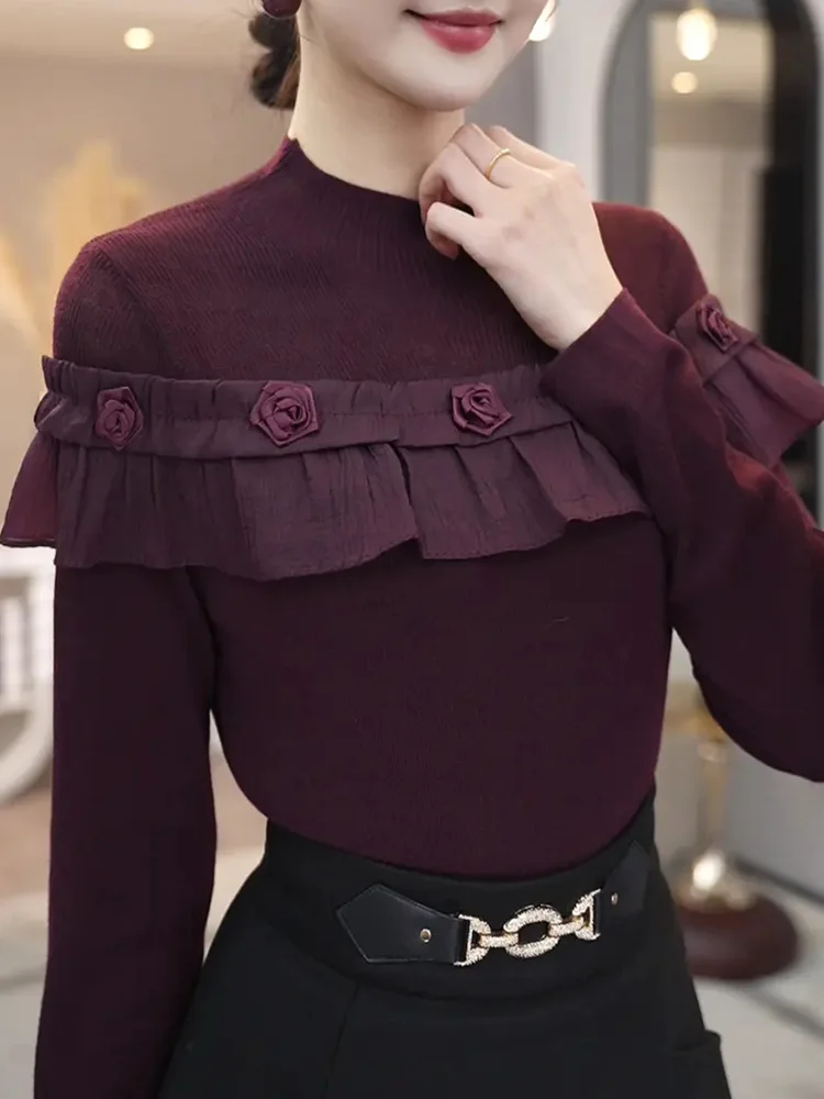 

Ele Wine Red Lace Sve Knitted Sweater Women's Autumn Winter Faionable Base irt Casual Sle Slim Fit Long Sve