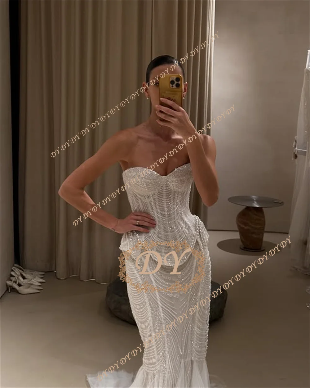 DY Fashionable Mermaid Wedding Dress Lace Appliques Tulle Pleats Backless Sweep Train Vestidos De Novia Customised Vestido De N