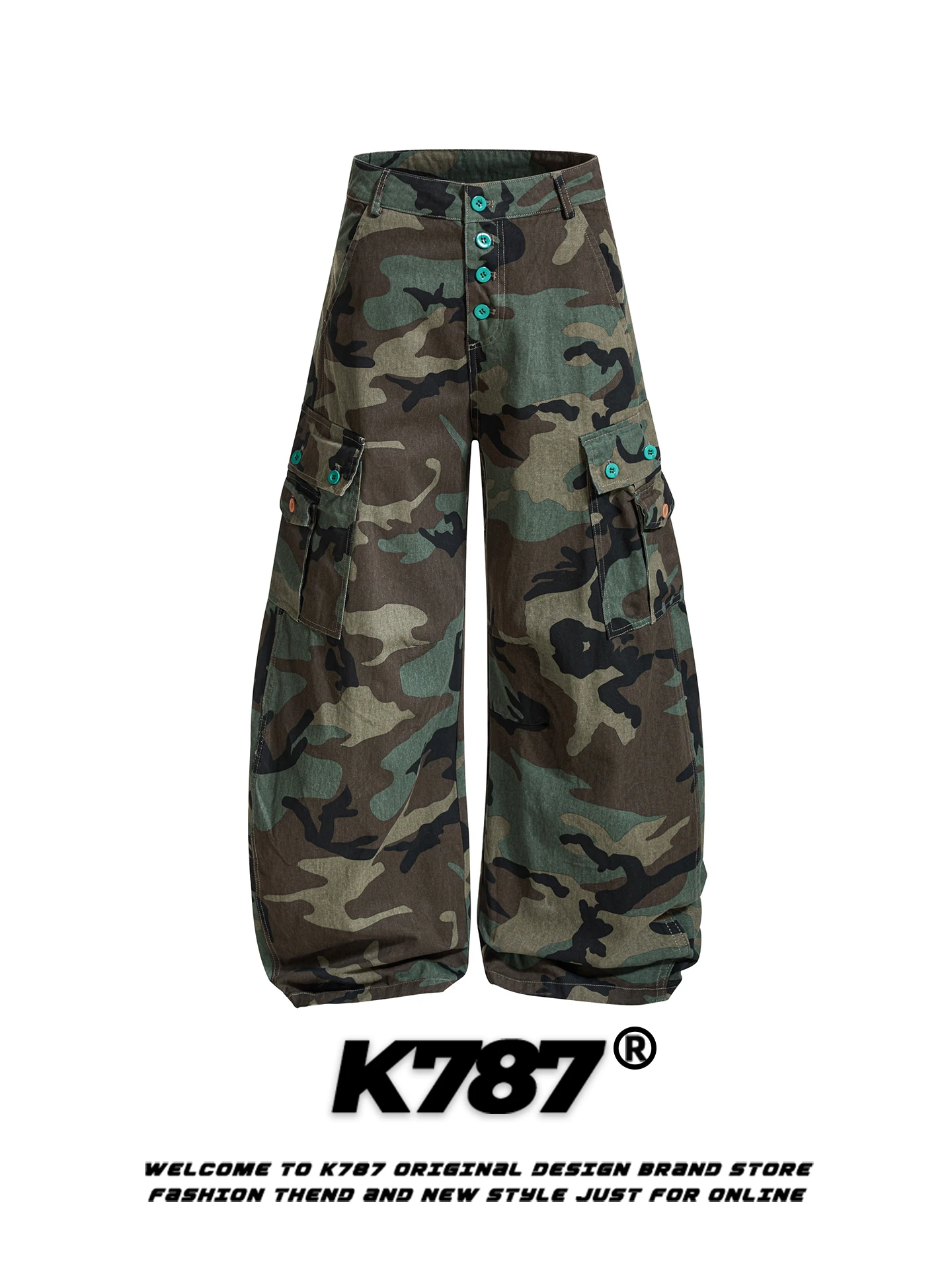 

Брюки K787 в американском ретро-стиле с камуфляжным принтом и декоративными пуговицами, широкие, с высокой талией, свободные, повседневные, модные, унисекс