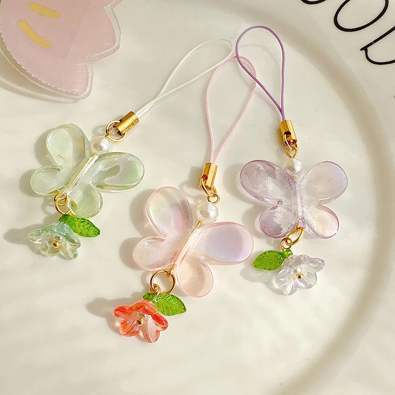 Sweet Colorful Convallaria Flower Mobile Phone Chain Cute Big Butterfly Phone Lanyard Mobile Phone Strap Pendant Decoration Gift