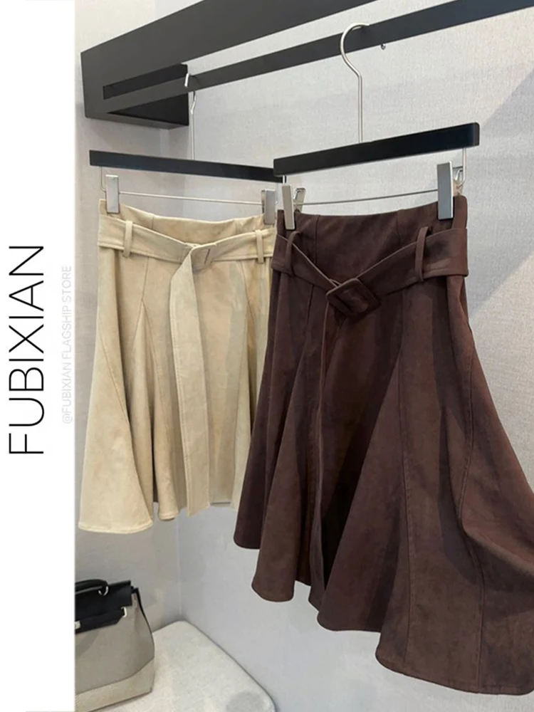 

Retro Suede High Waist f Skirt with Bell Design And Belt for Women Autumn Winter Faion Artistic Sle Polyester Fiber
