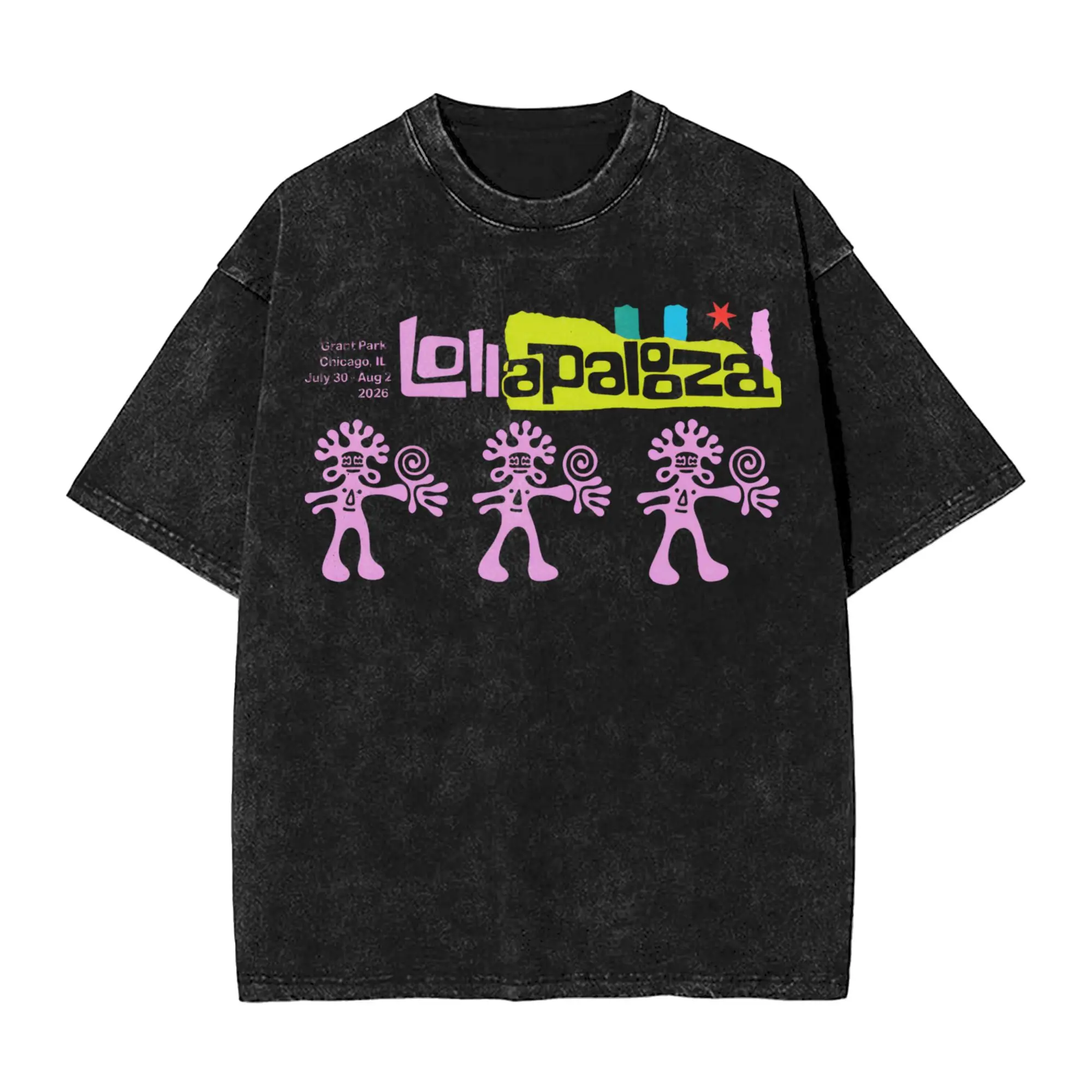 Chicago Music Festival Lollapalooza 2026 T Shirt Hip Hop Washed Short Sleeve Oversize T-Shirts  Vintage Men Women Streetwear