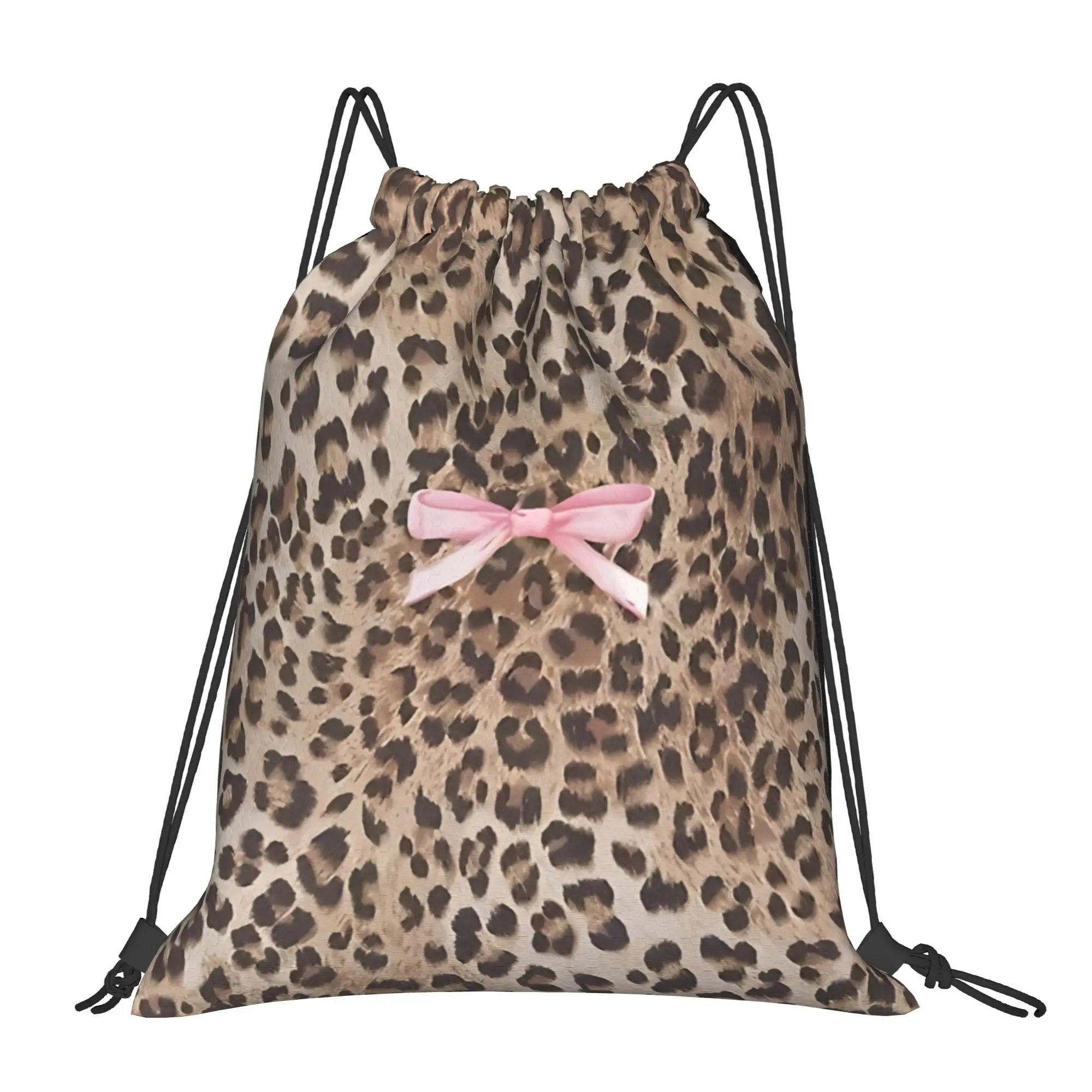 Cheetah Print With Pink Bow Leopard Print Drawstring Bags Hiking Unisex Storage Organize Bundle Pocket Rope Bag
