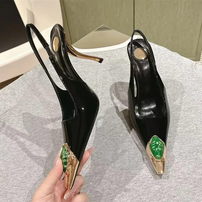 Star style Gemstone Metal Toe Patent Leather Women Pumps Fashion Stiletto High heels Spring Autumn Slingbacks Party Dress Shoes