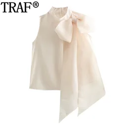 TRAF 2024 Crop Top senza maniche donna Bowknot camicette semitrasparenti donna camicette da donna eleganti e giovanili con collo alto arricciato