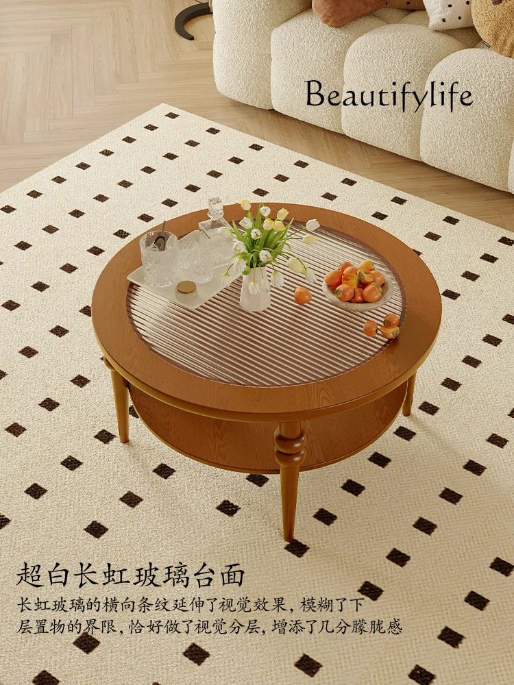 

French Style Coffee Table TV Cabinet Solid Wood Tea Table round Glass Retro Living Room Table