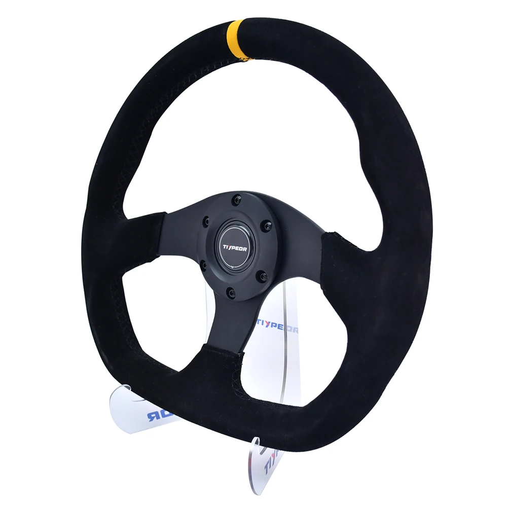 TIYPEOR 325mm D-shaped Sport Steering Sheel Suede Leather Yellow Interface Universal Racing Steering Wheel With 6 Holes