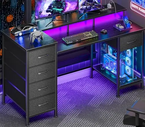 47 Inch Gaming Desk with Power Outlets and LED Lights, Reversible Computer Desk with 5 Fabric Storage Drawers, Home