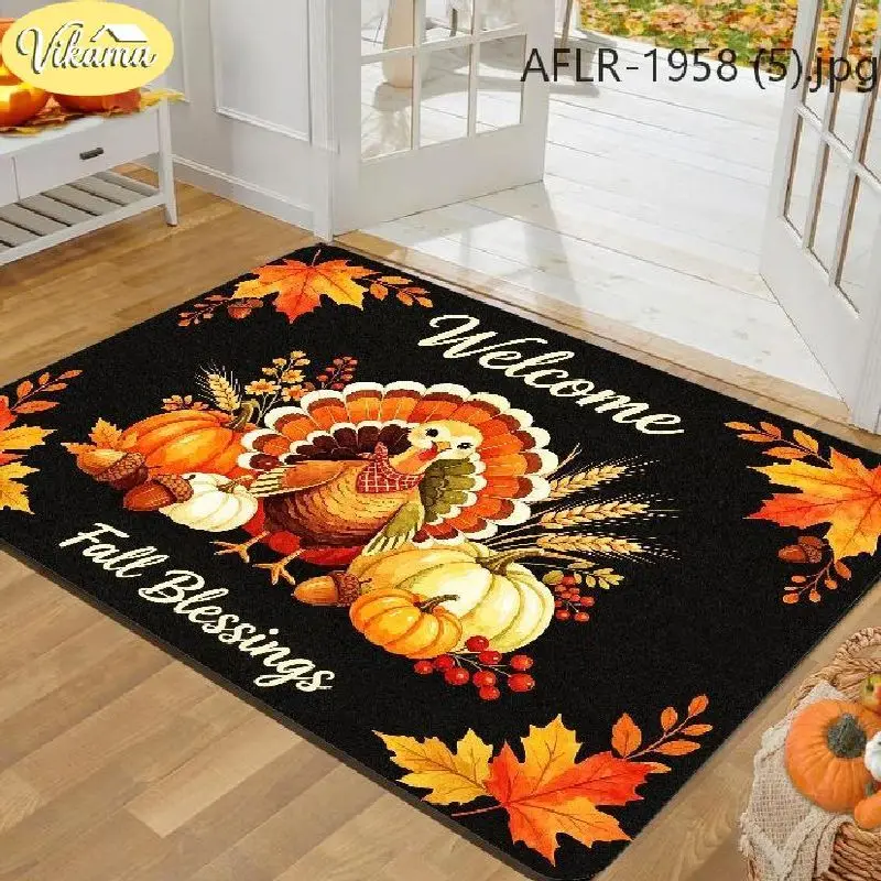 VIKAMA Thanksgiving Door Mat Non Slip Turkey Pumpkin Fall Blessings Welcome Rug Entryway Floor Mat Home Decor Living Room Decor