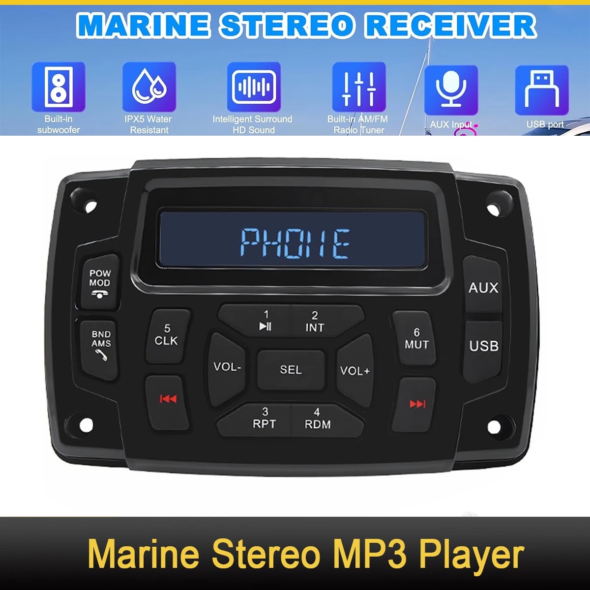 

Marine Radio Receiver Boat Stereo Radio System with AUX-in Subwoofer Pre-Amp EQ, AM/FM MP3 Player for Golf Cart Truck Boat