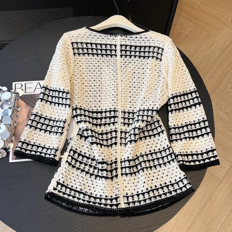 Casual Long Sleeve loose Elegant cardigan patchwork V-neck Chic Hook Flower Hollow Out spring autumn Top Plus Size Clothing