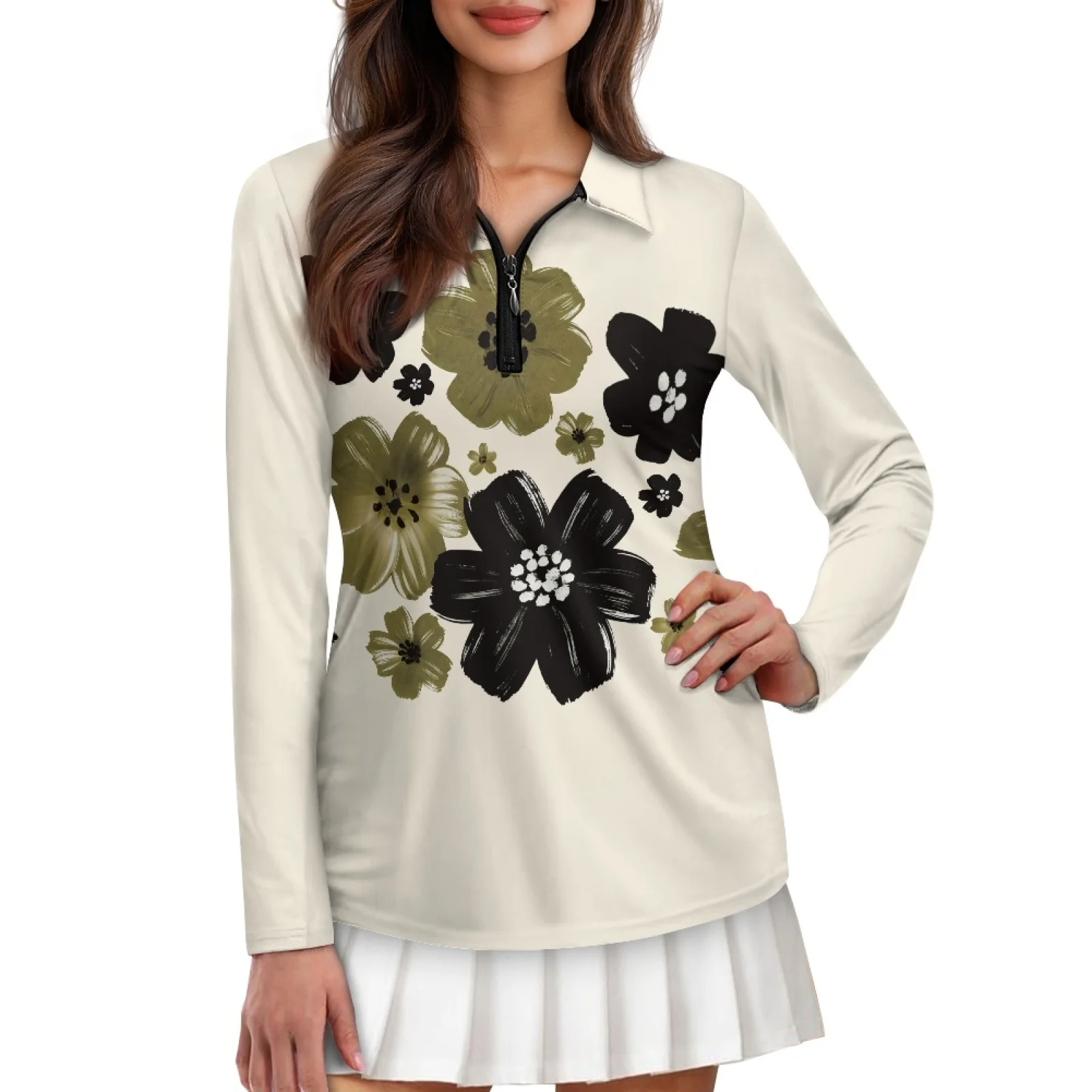 PENSTROLL Olive Black Floral Womens Slim Fit Athletic Outfits Long Sleeve Tennis Polo Tops for Jogging