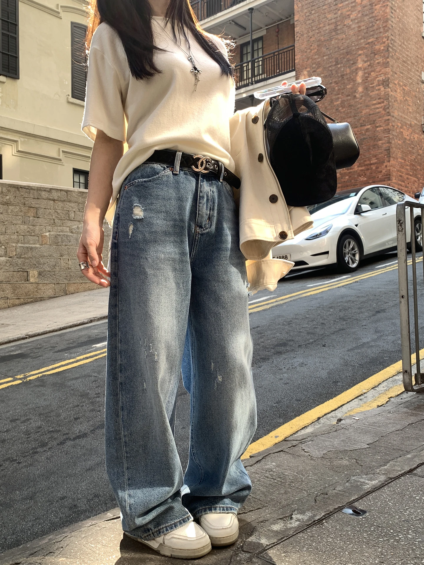 

Джинсы EKOOL с высокой талией, рваные, женские, новинка ранней весны, свободные, универсальные, прямые, длинные брюки в корейском стиле