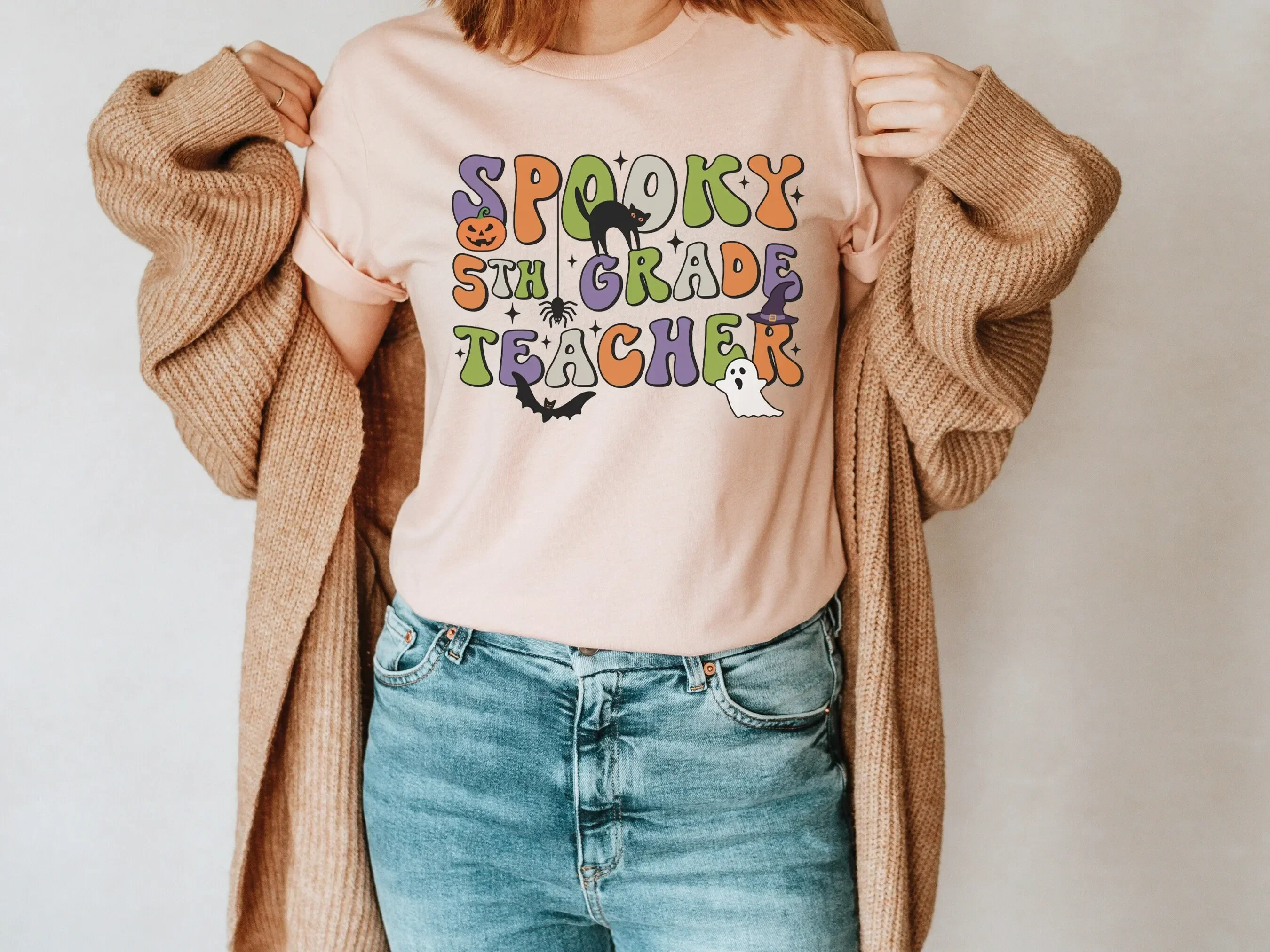 Spooky Teacher T Shirt 5th Grade Halloween Fifth Fall Cute Groovy Retro Elementary