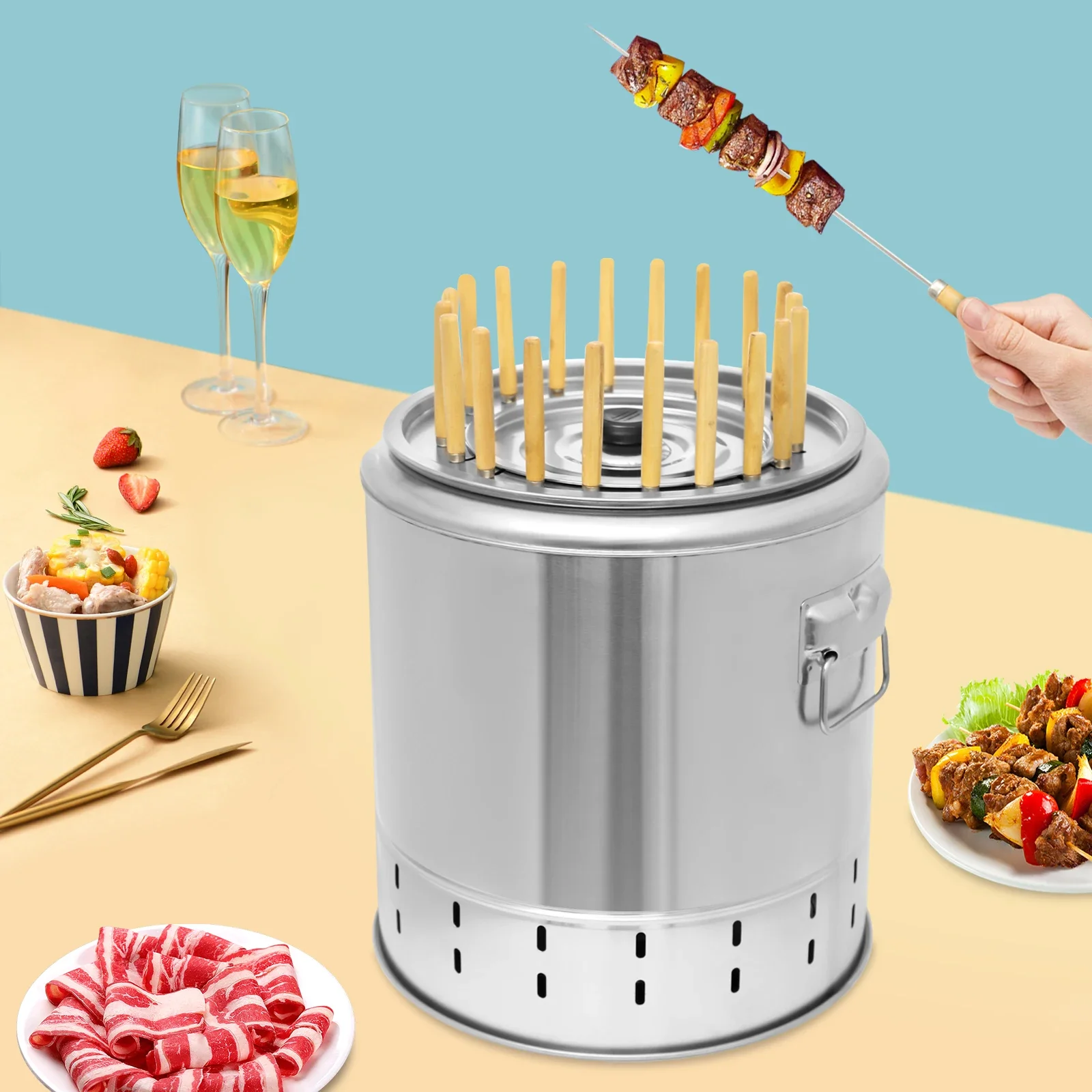 

Маленькая двухслойная нержавеющая сталь 360° ° Портативное вертикальное бездымное ведро для барбекю с равномерным подогревом для кемпинга и путешествий