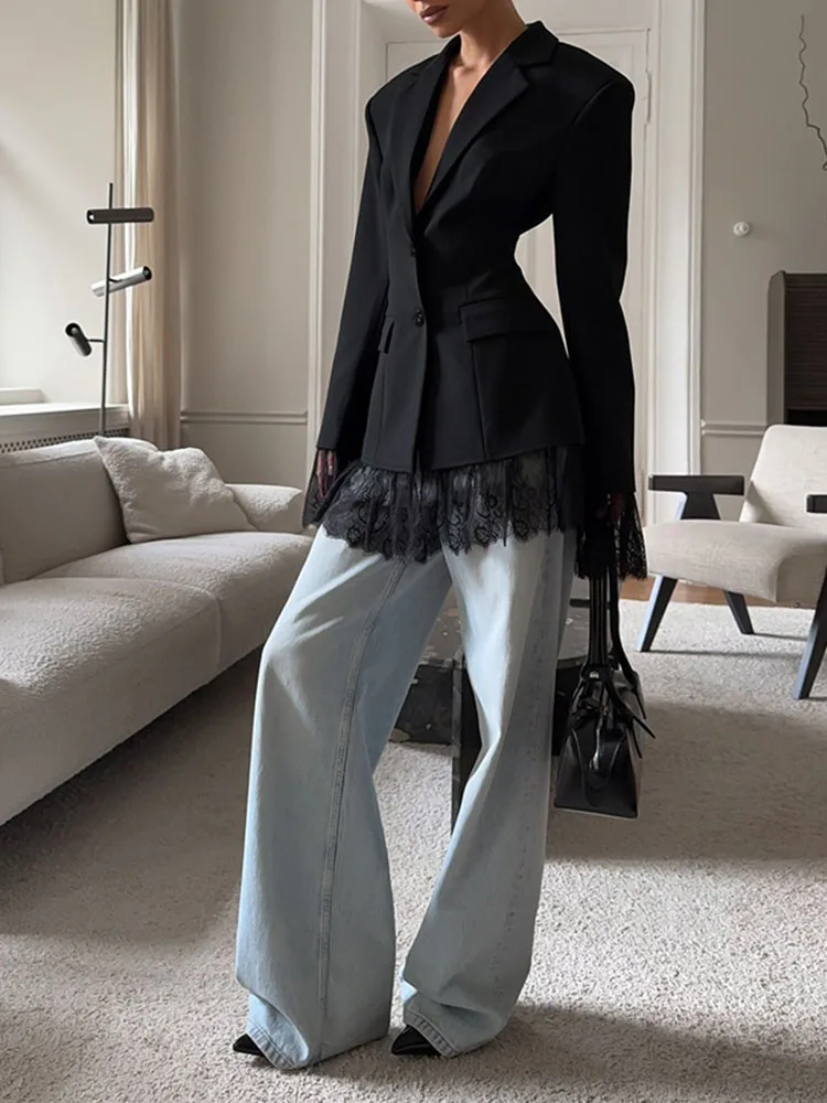 Temperament Lapel Long Sleeve Jacket Black Casual Lace Spliced Commute Blazer Autumn Lady Slim Single Breasted Suits Outerwear