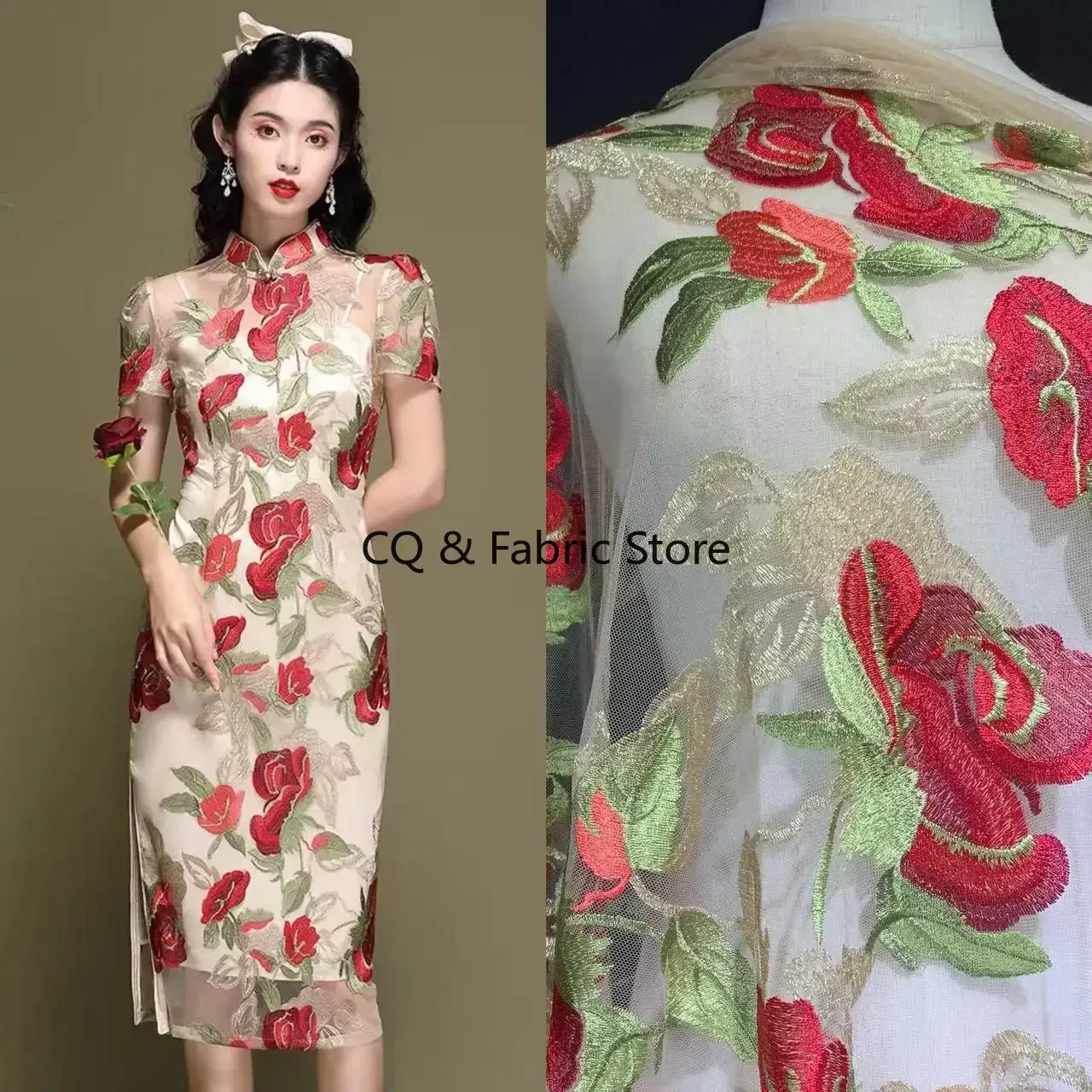 Heavy Industry Color Three-dimensional Rose Embroidery Soft Mesh Lace Fabric Dress Cheongsam Clothing Designer Fabric
