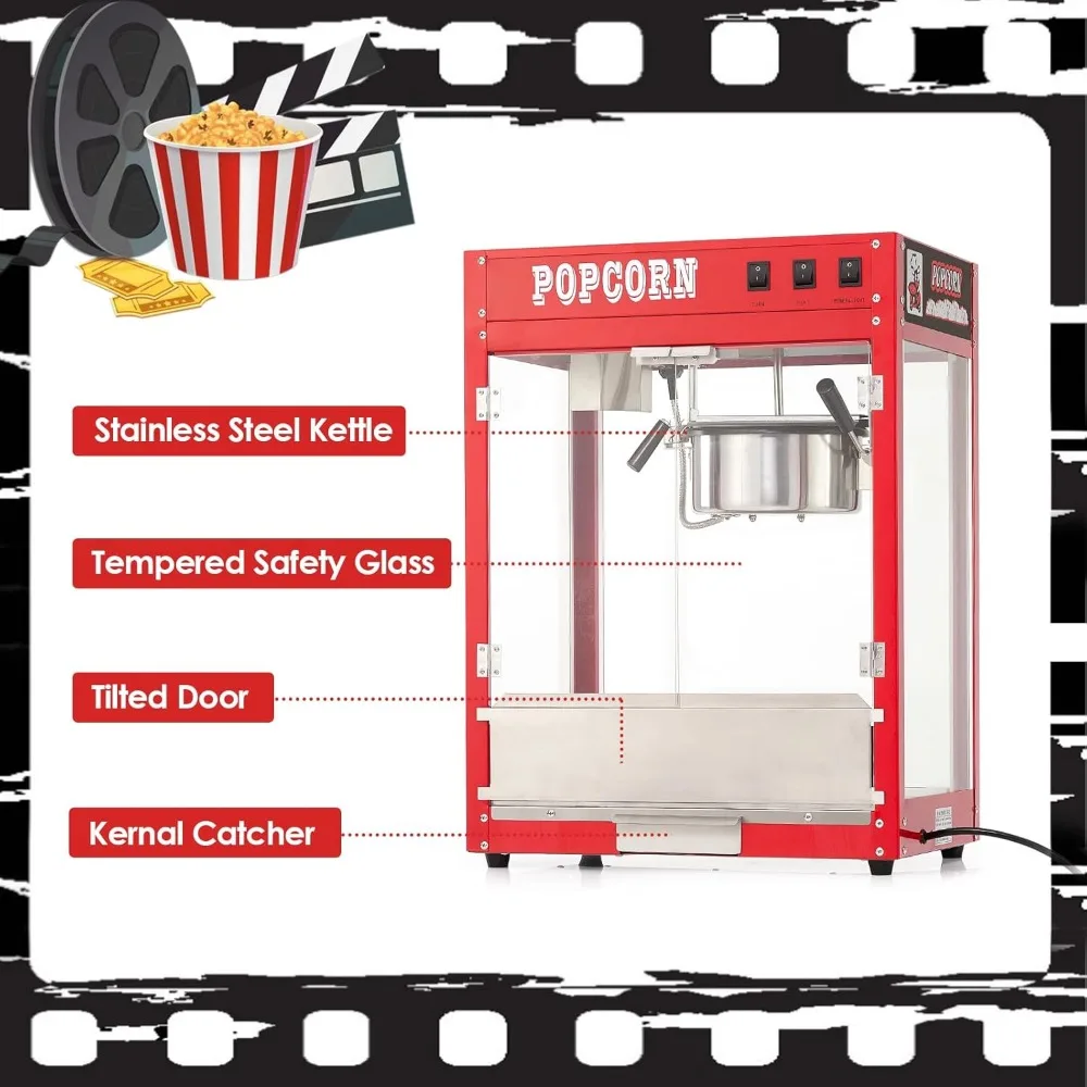 Popcorn Machine for Movie Night, 8OZ, with 10 PACK Popcorn Buckets, Poppers Machine Maker for 60 Cups for Batch,  Movie Theater