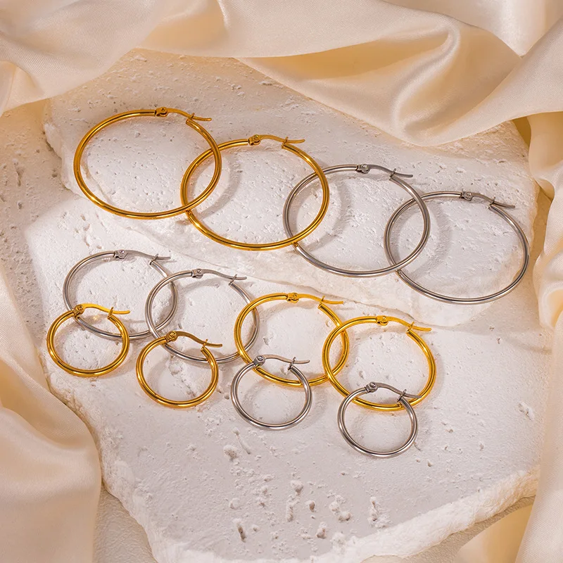 Gold Color Stainless Steel Hoop Earrings For Women Men Big/Small Circle Round Ear Jewelry Bijoux Acier Inoxidable E18110 - detail 7