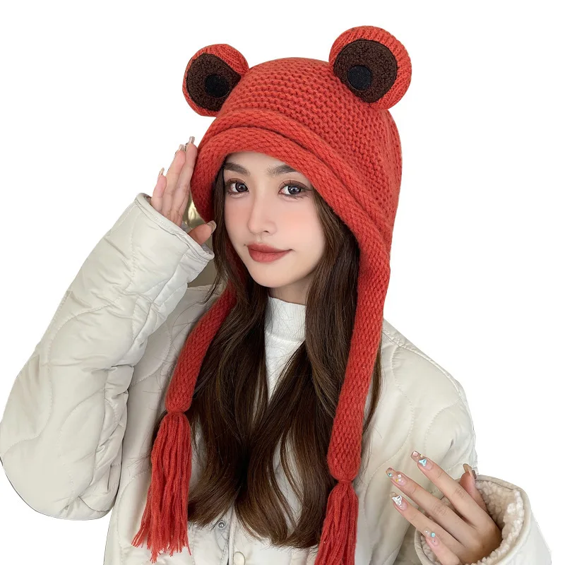 Frog Knitted Knitted Knitted Woolen Hat Outdoor Thermal Pullover Hat Cute Big Eyes Ear Protection Hat Every Student Cap