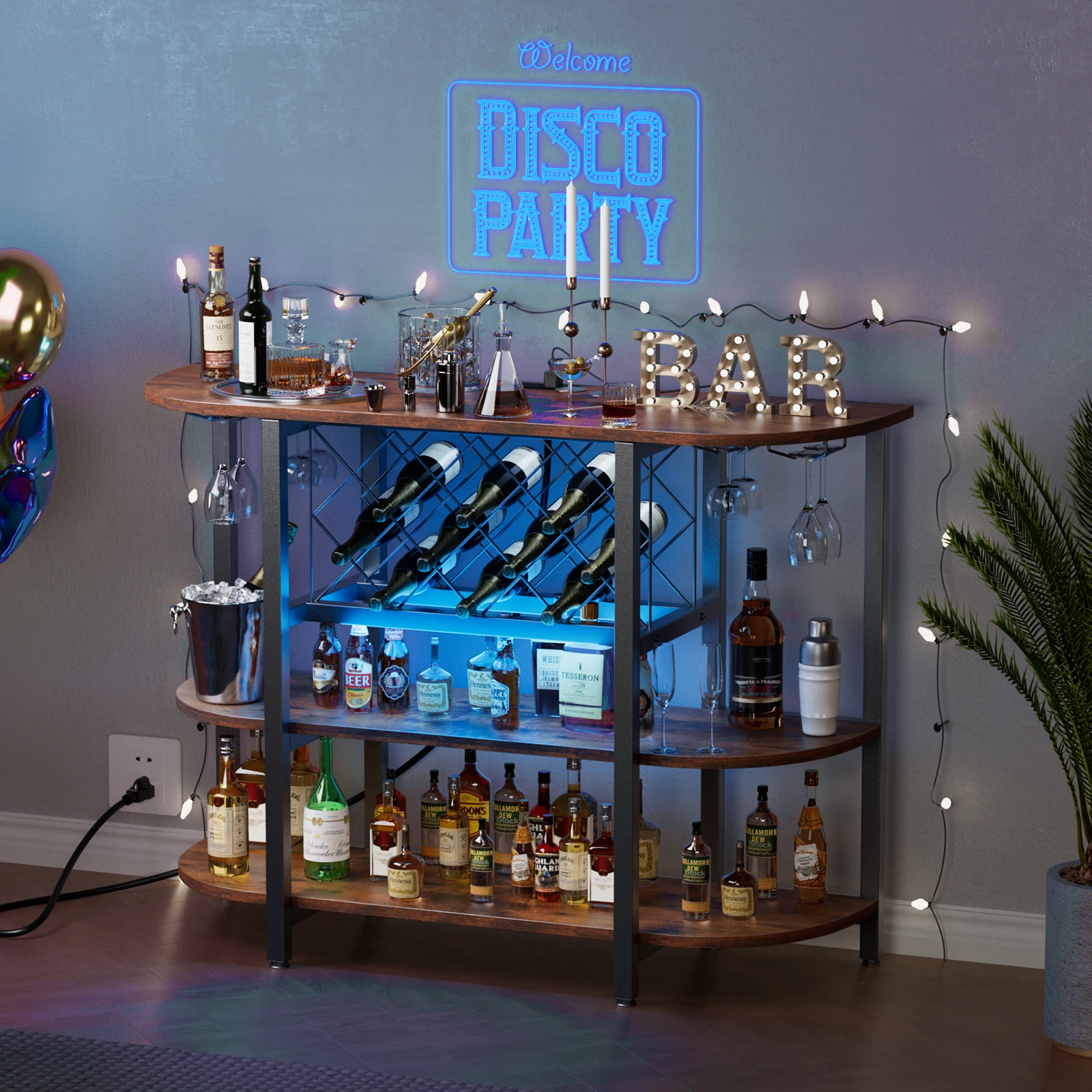 JHK LED Home Bar Cabinet with Storage Bar Cart with Charging Station Metal Wine Cabinet Liquor Cabinet Table with Glasses Holder and Wine Bottle Holder view 7