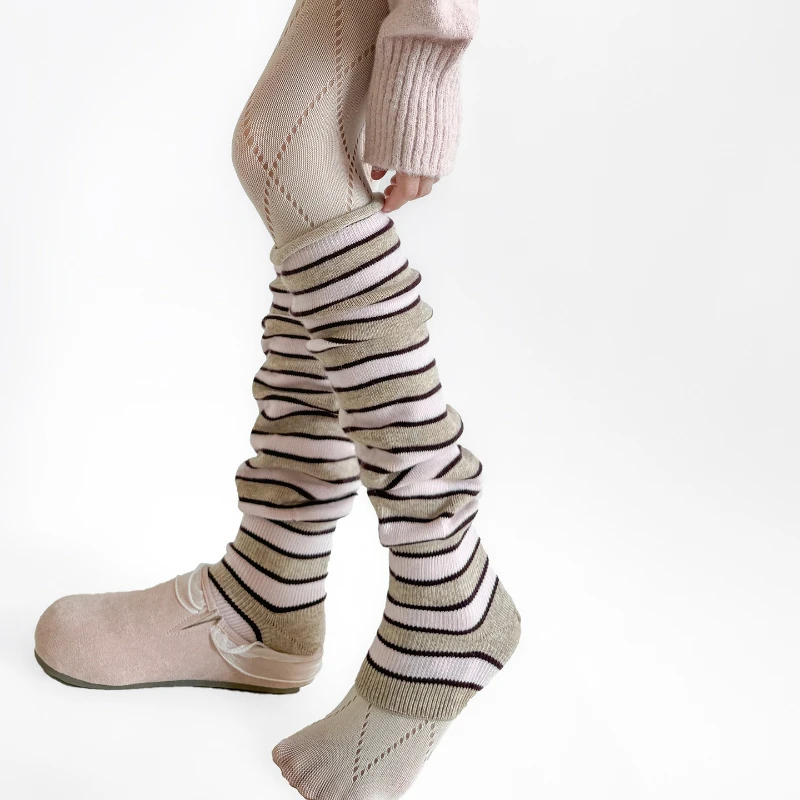 Autumn Winter Leg Warmers Multicolor Striped Knee High Socks Stockings Knitted Foot Cover Women Leg Warmers Thigh High Stockings