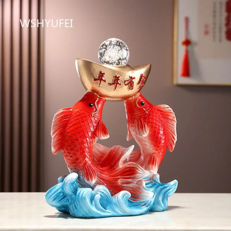 Resin Koi Fish Statue Year After Year Surplus Design Carp Figurine With Gold Ingot Crystal Ball For Home Feng Shui Table Decor