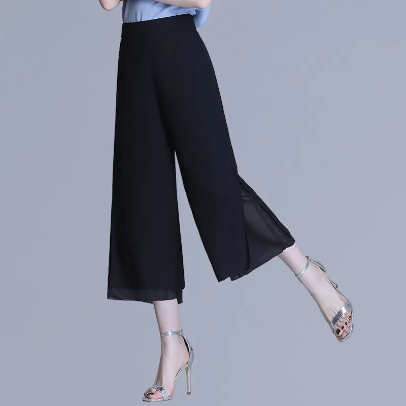 

Korean Fashion Women Chiffon Wide Leg Pants Summer New Thin Elastic High Waist Loose Straight Crop Printed Double Layer Trousers