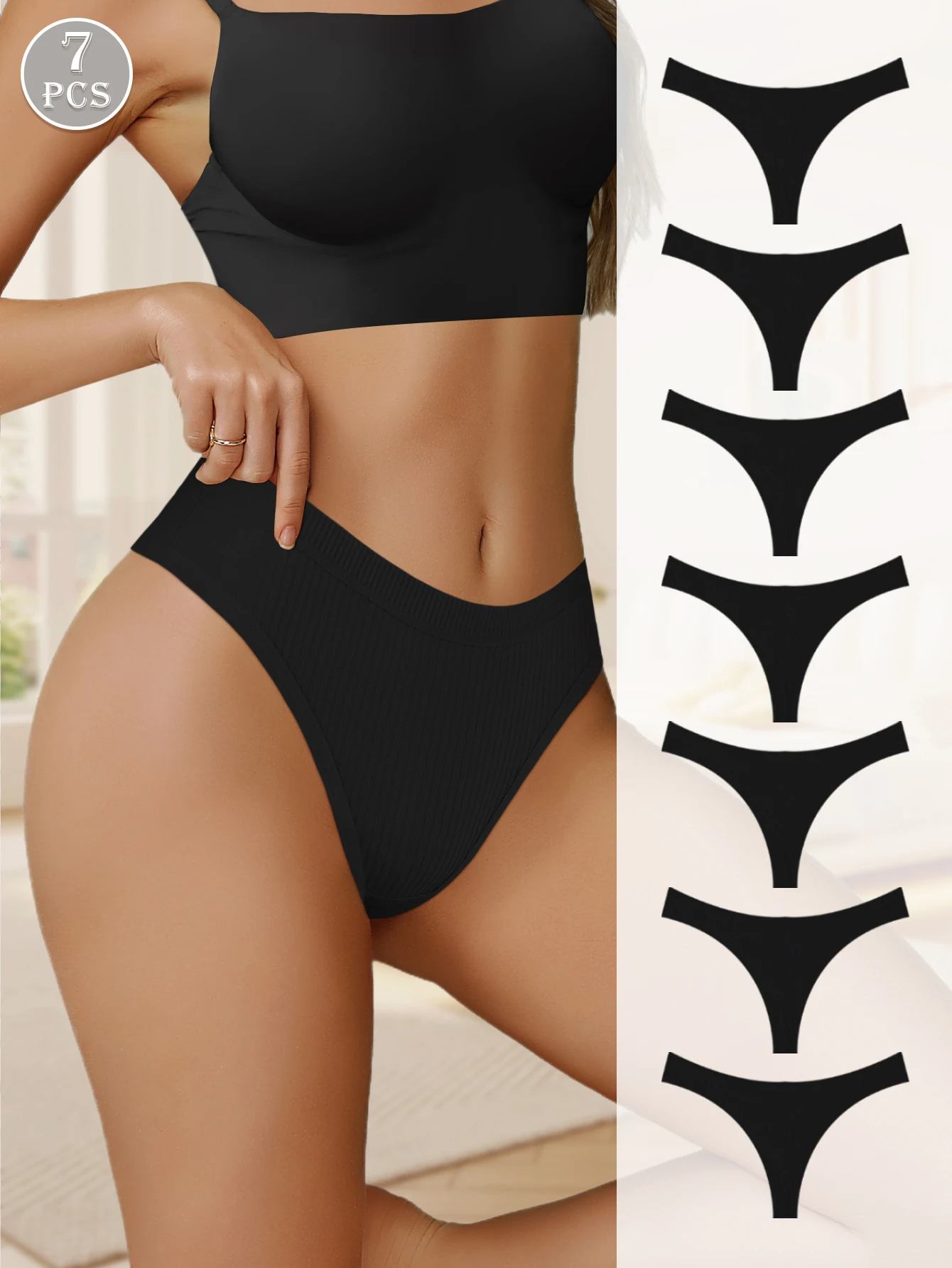 7Pcs Letter Romance French Mature Charm – Elegant Knitted Fabric Women’s Thongs – Spring Summer Comfortable Underwear