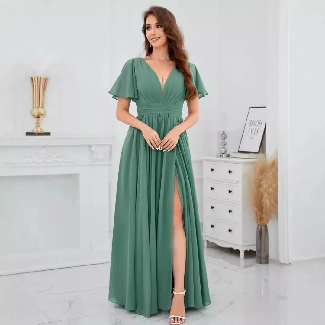 

Customized Elegant Chiffon Evening Dresses V-neck Ruffled Sleeves Floor Length Wedding Bridesmaid Dress A-line Formal Party Gown