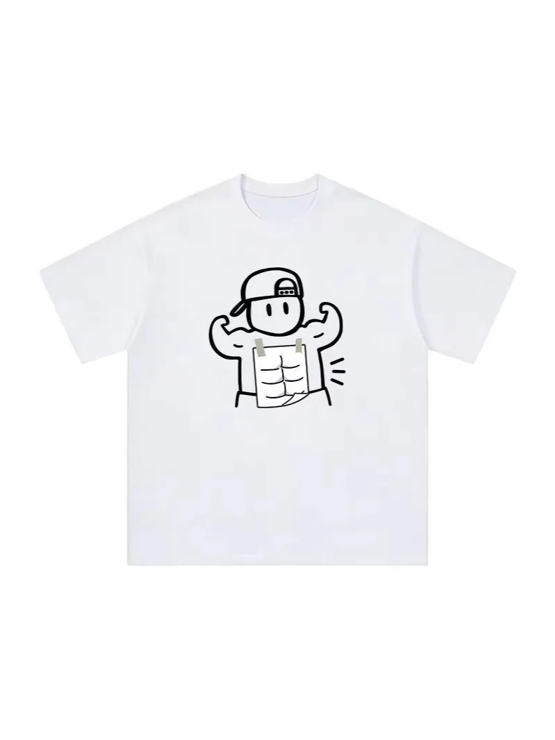 Funny Fake Muscle Gym Cartoon Graphic T-Shirt Casual Loose Crew Neck Short Sleeve Tee Workout Streetwear Tops for Daily Wear