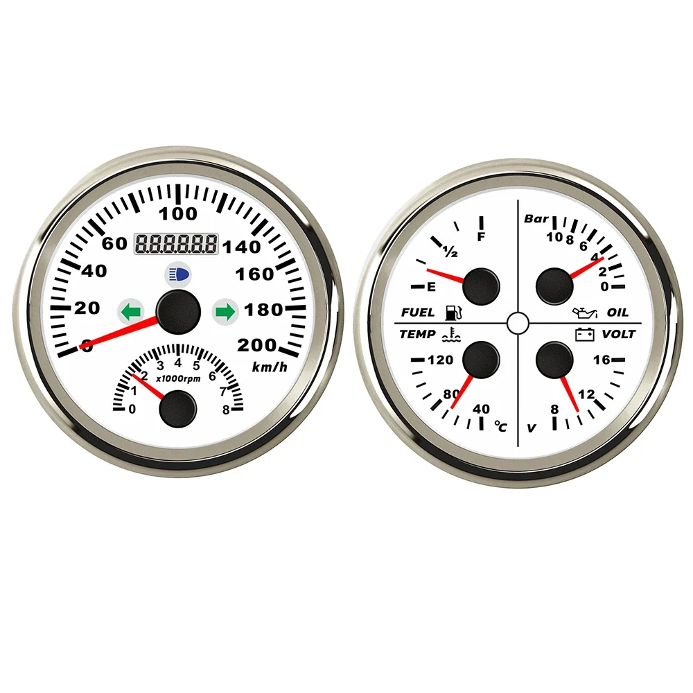 ELING Universal 85mm GPS Speedometer 0-200km/h with Tachometer 8KRPM + 4 in1 Gauge Fuel Level Water Temp Oil Press Voltmeter