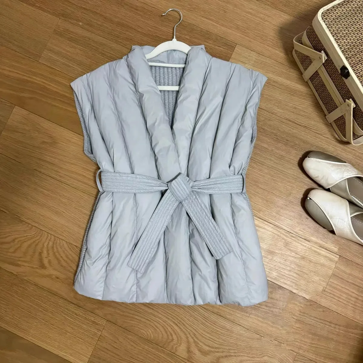 Personalized Knit Patchwork Parkas Vest New Korea Chic Lace Up Slim Waist Coat Minority Small Fellow Age Reduction