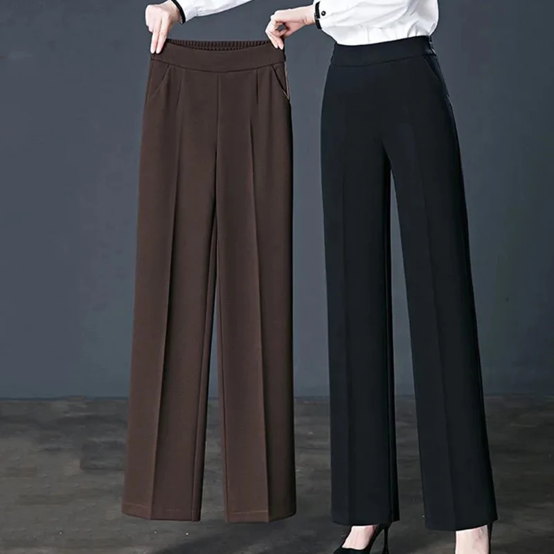 

Autumn Winter High Waisted New Straight Pants Women Elastic Loose Casual Wde Leg Pants Thicken Warm Female Long Trousers 4XL 5XL