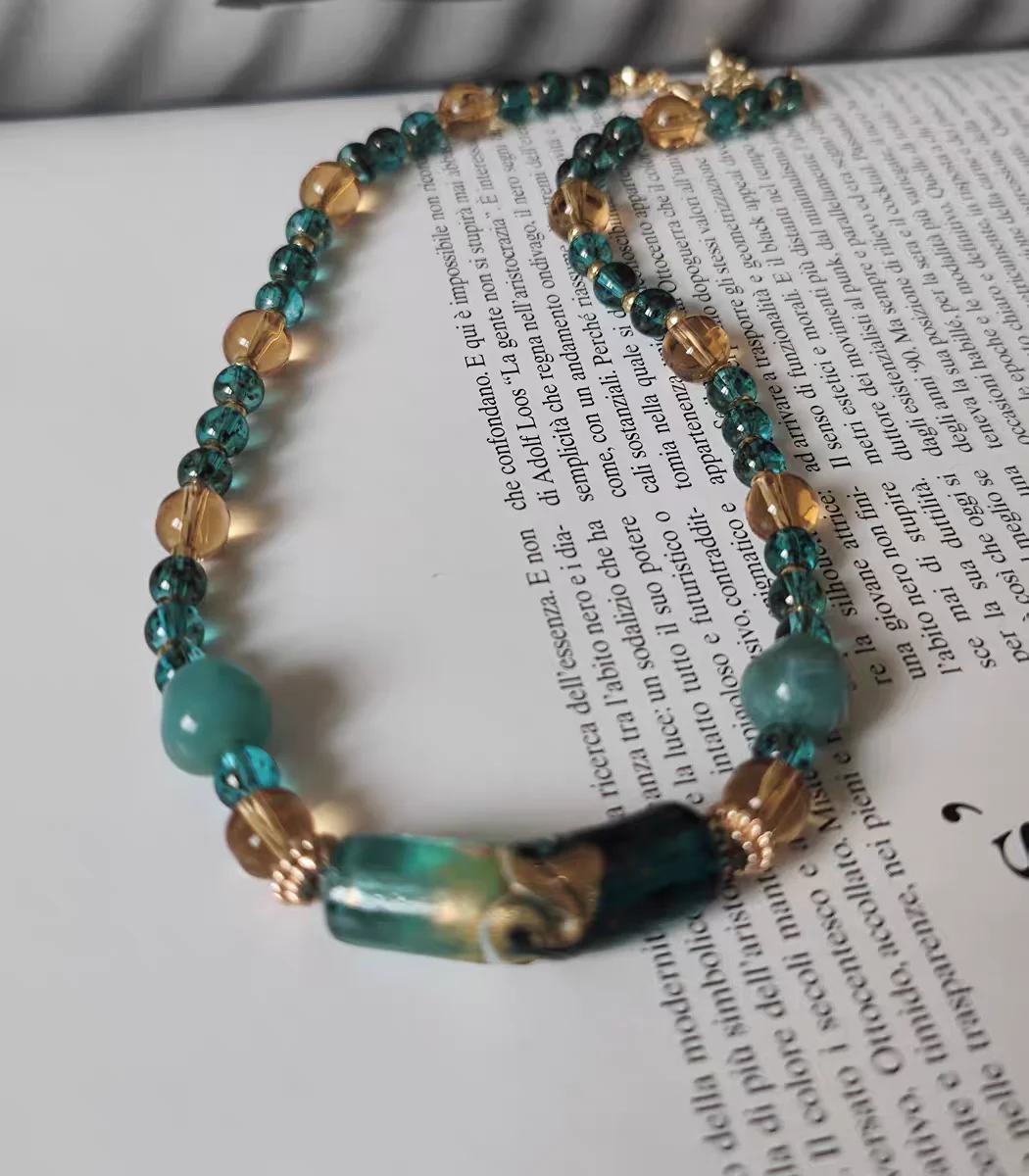 New Vintage Handmade Murano Lampwork Glass Blue Beads Chain Necklace Jewelry