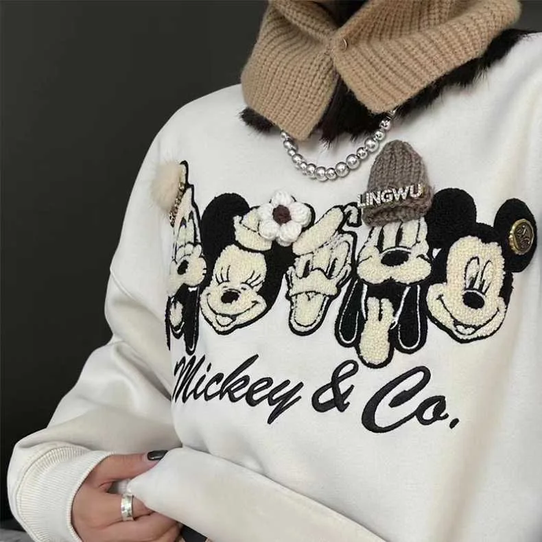 Disney Mickey Minnie Hoodie Cartoon Donald Duck Embroidery Flocking Pullovers Losse Thicken Sweatshirts Women Streetwear Tops