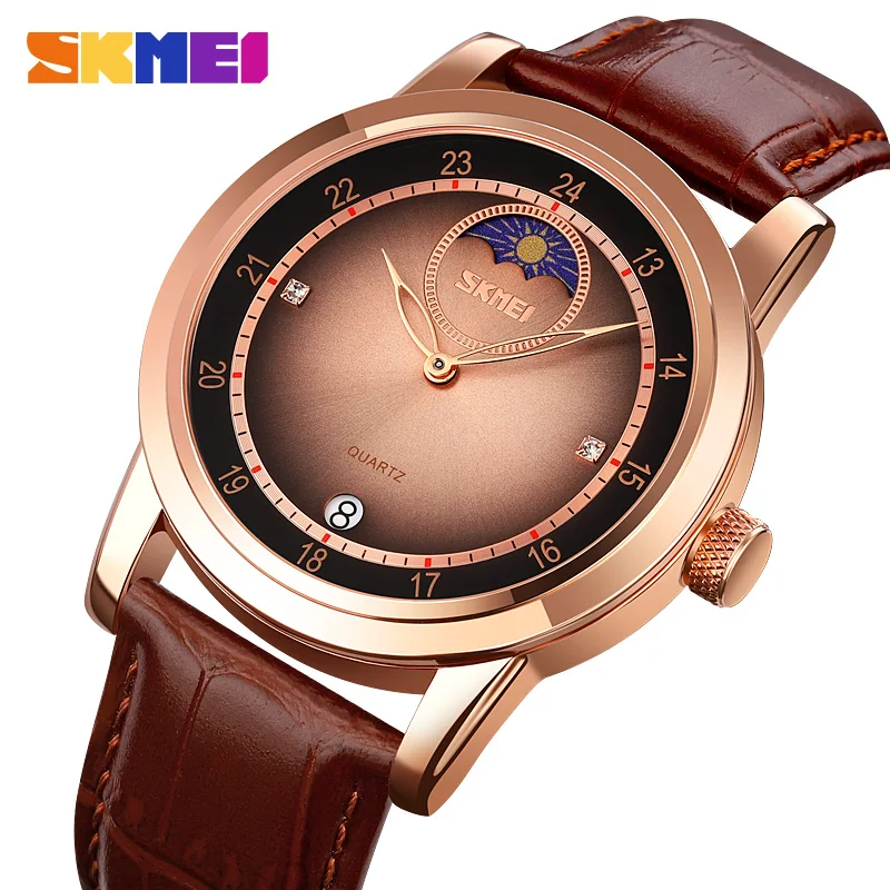 Watches for Men SKMEI Brand Fashion 2 Needle Brown Quartz Watch Luxury Leather Waterproof Moon Phase Wristwatch reloj de hombre