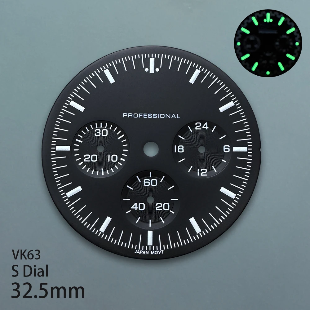 Quadrante professionale con logo S da 32,5 mm, adatto al movimento VK63, verde luminoso, accessori per la modifica dell'orologio di alta qualità