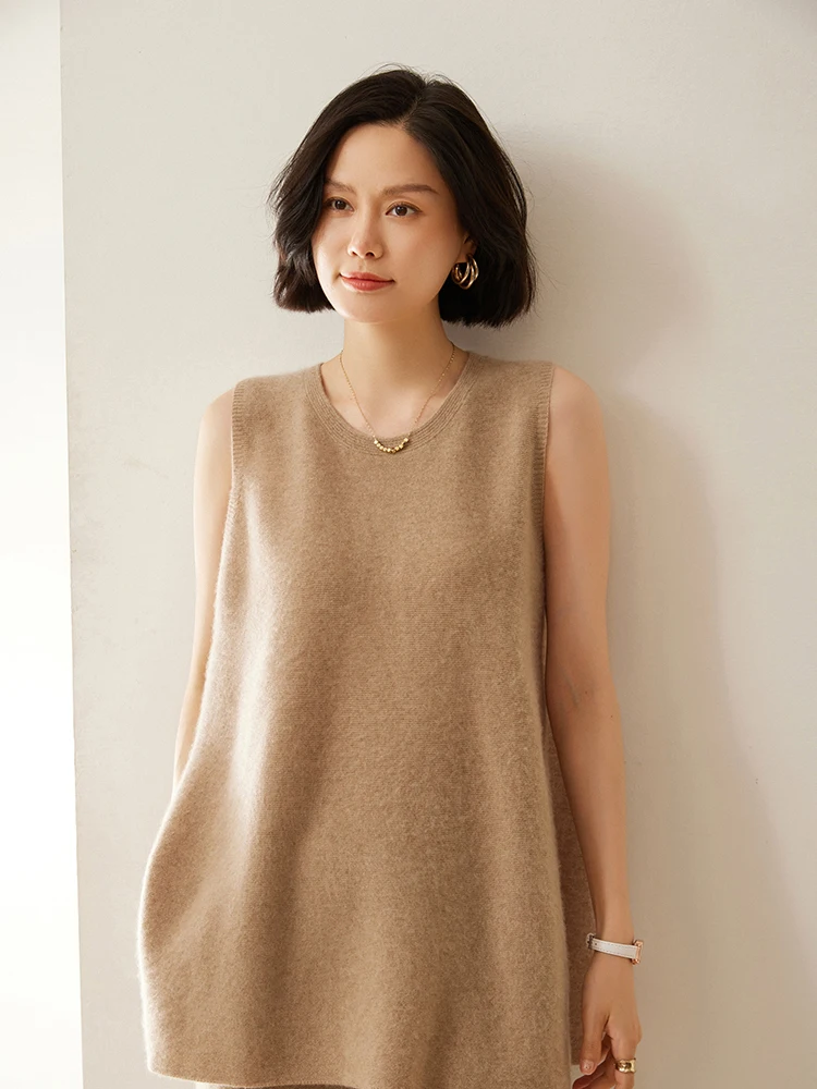 

Women Sleeveless O-Neck Pullover Vest 100% Cashmere Sweater Autumn Winter Casual Loose Soft Knitted Waistcoat Korean Style Tops